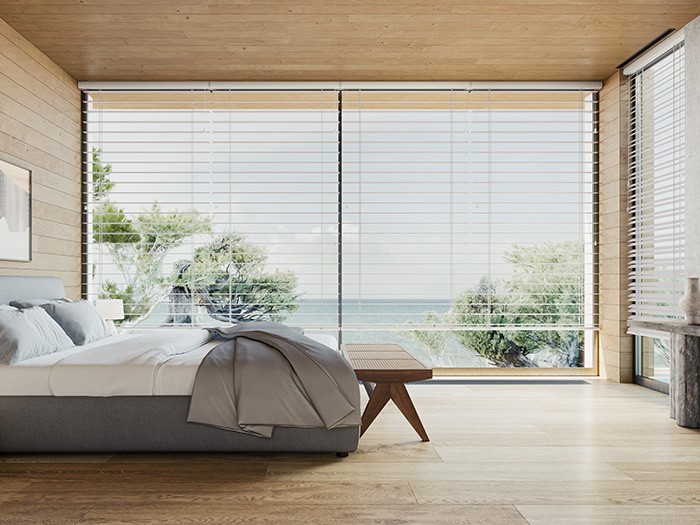 Bedroom with large windows featuring Modern Precious Metals® Aluminum Blinds   Color: Espresso
